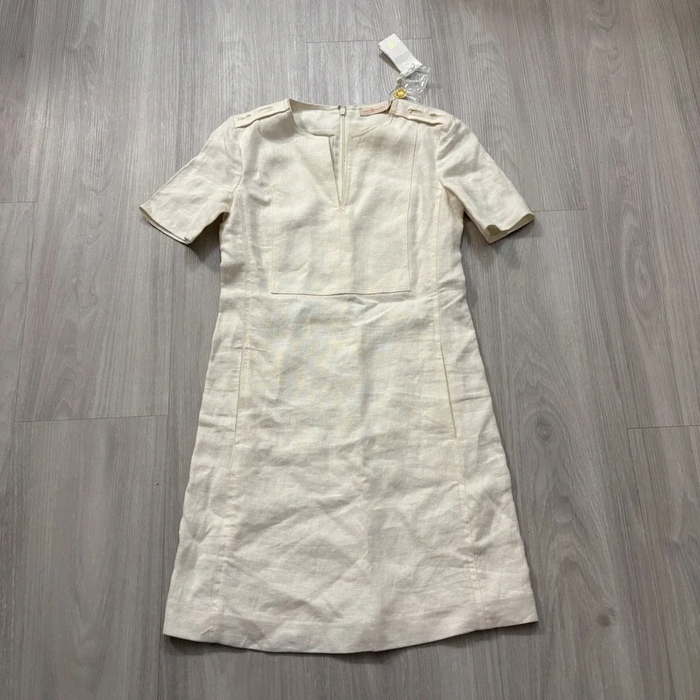 Tory Burch Dress Women Cream Linen Shift Short Sleeve Epaulet Detail Size 00